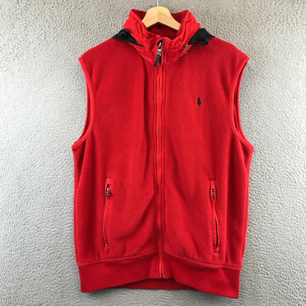 Vintage Polo Ralph Lauren Men's Red Fleece Zip Up Vest Hooded Pony Logo Size L